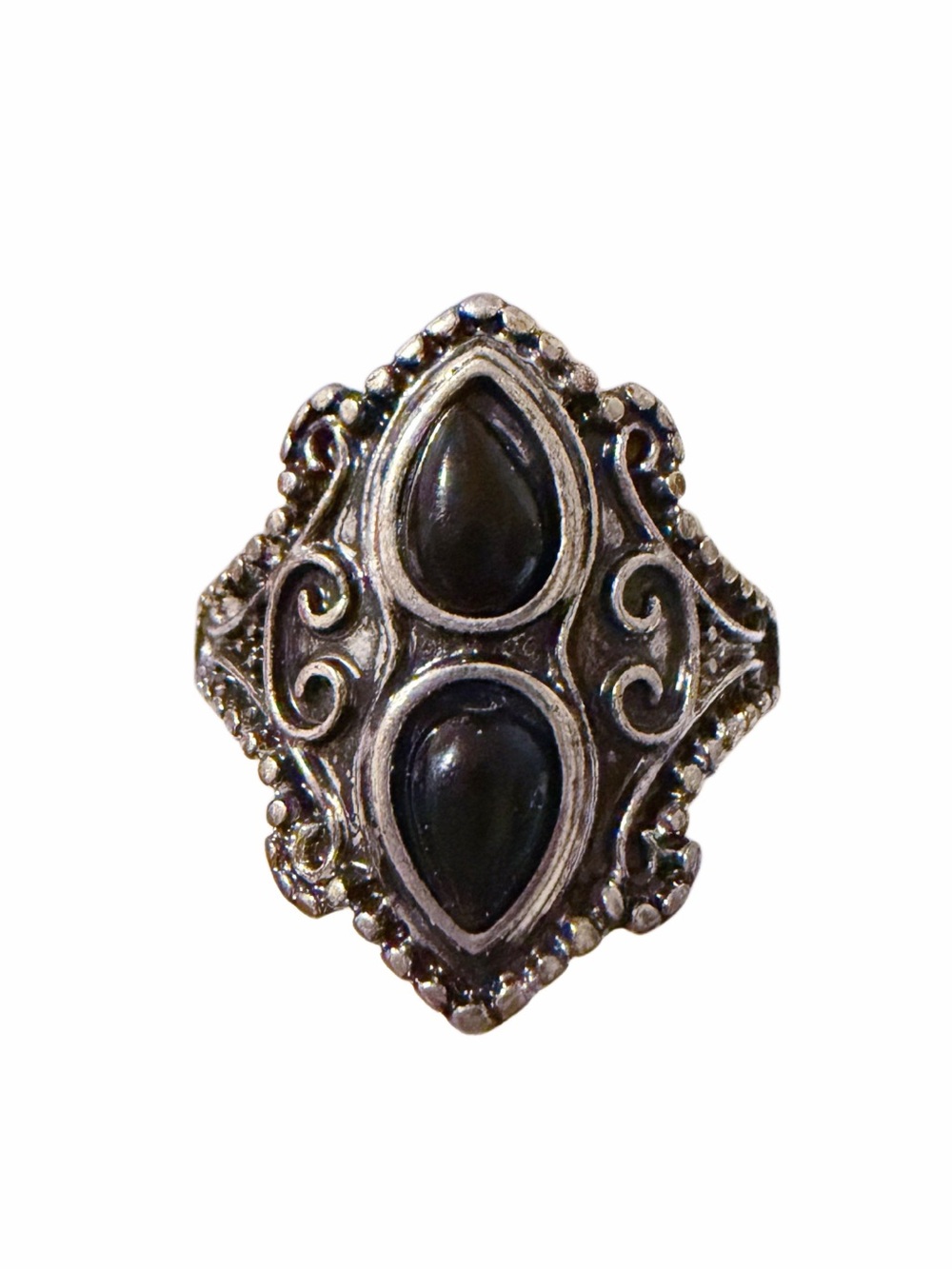 Hand Crafted Silver-Tone Ring with Black Cabochons